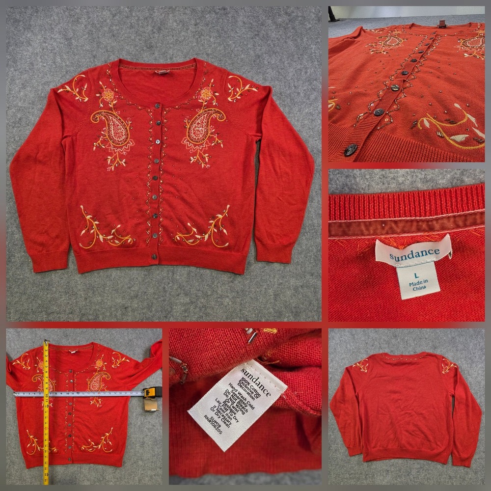 Sundance Sweater Womens Large Orange Paisley Beaded Embroidered Cardigan Knit